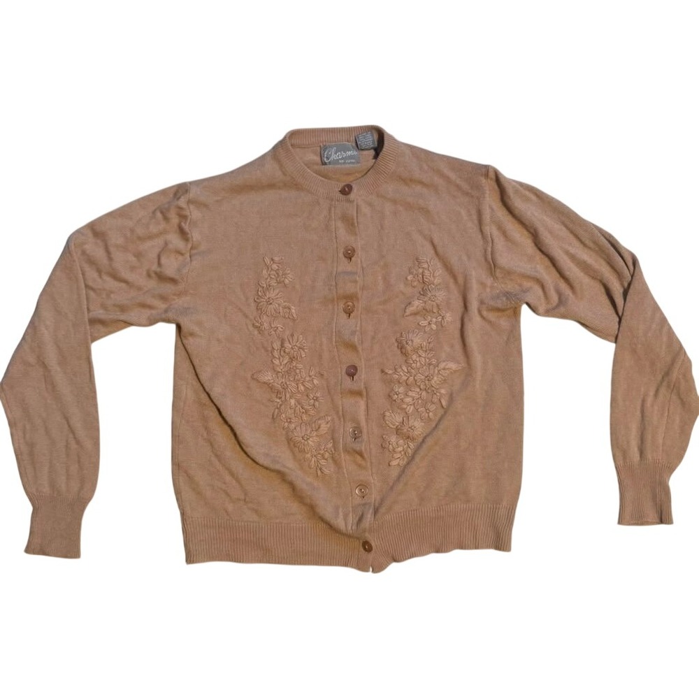 Vintage Charms by Zena Tan Floral Embroidered Cardigan Sweater Womens Medium